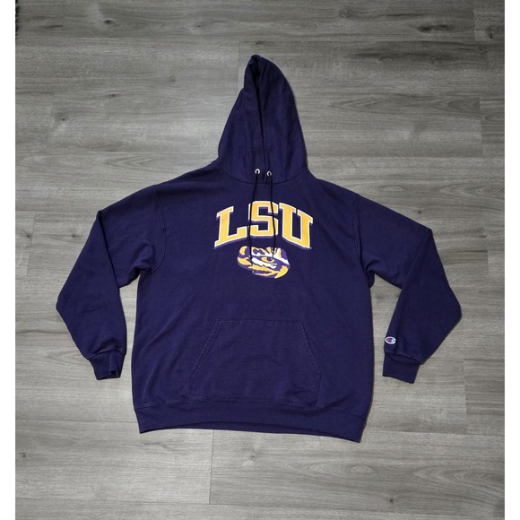 Champion LSU Tigers Hoodie Mens XL Purple Tiger Eye Louisiana State Sweatshirt - Picture 1 of 9